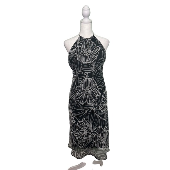 madison leigh Dresses & Skirts - Madison Leigh Black White Floral Halter Dress Midi Chiffon Overlay Y2K Size 8